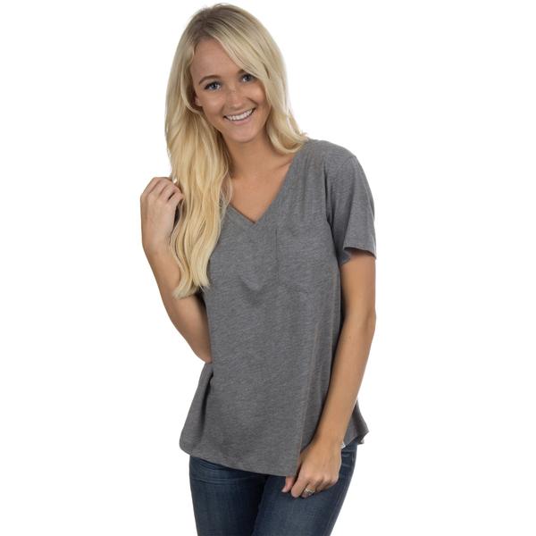 Lauren James S/S Pocket V-Neck Tee - Heather Dark Grey
